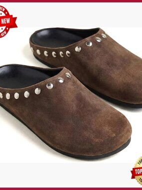 Suede Clog Mules Slip On Comfort Studded Faux Suede Flat Shoes